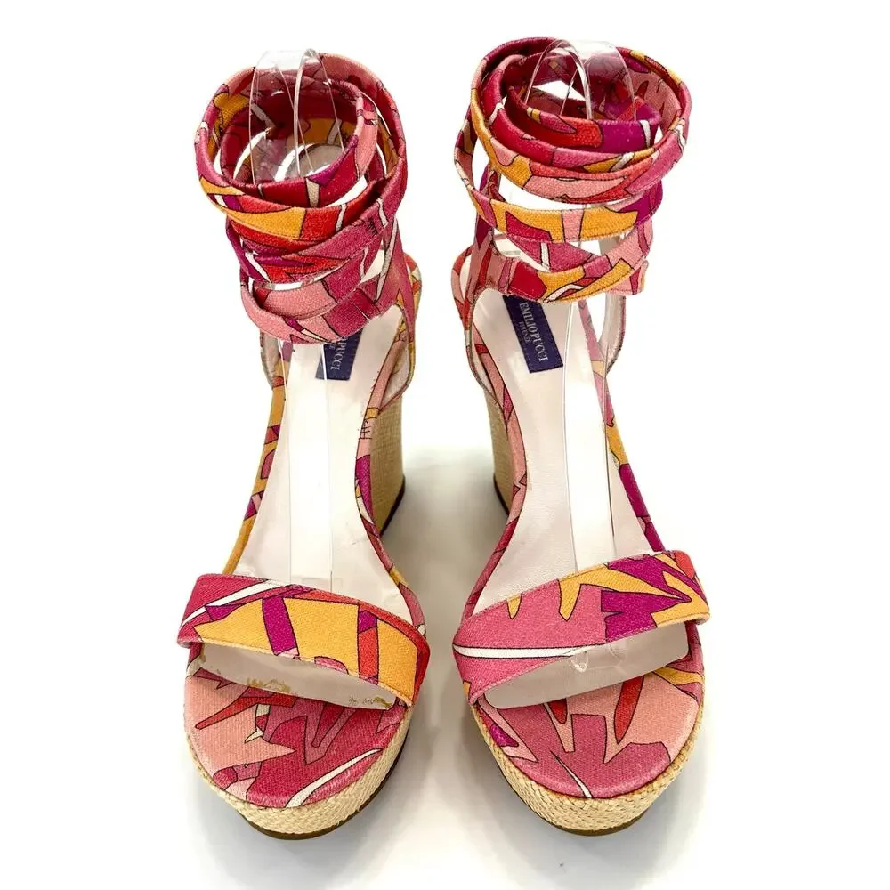 Emilio Pucci Vintage Y2K Wedge Sandal Size 10/40 Pink Multicolor Designer Italy